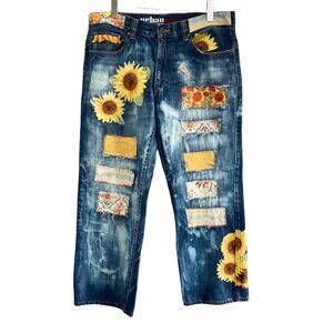 Upcyled Boyfriend Art Jeans 36 x 30 Altered Patchwork Bleach Patched Appliques
